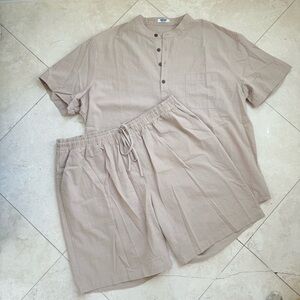 Coofandy Beige Linen 2-Piece Henley Shirt & Shorts Set Resort Wear 3XL NWOT